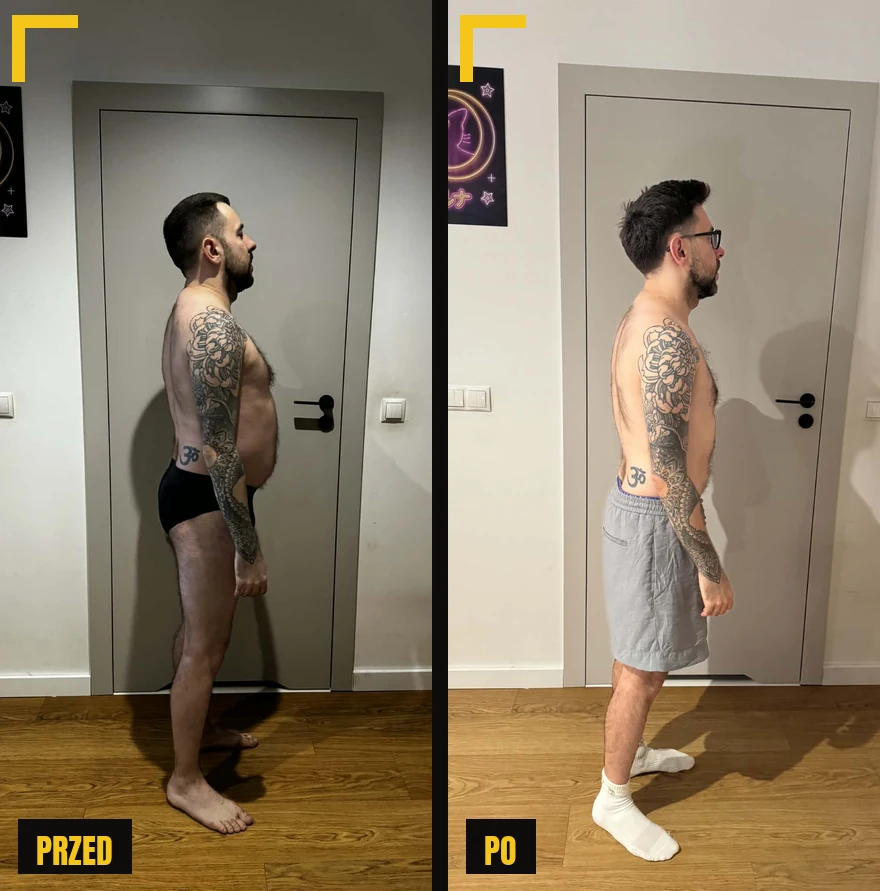 Michał S. przed i po z boku, kadr na sylwetkę